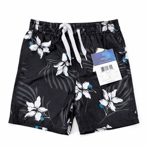 Kanu Surf Black Floral Kids Swim Trunks with White Drawstring and Blue Accents